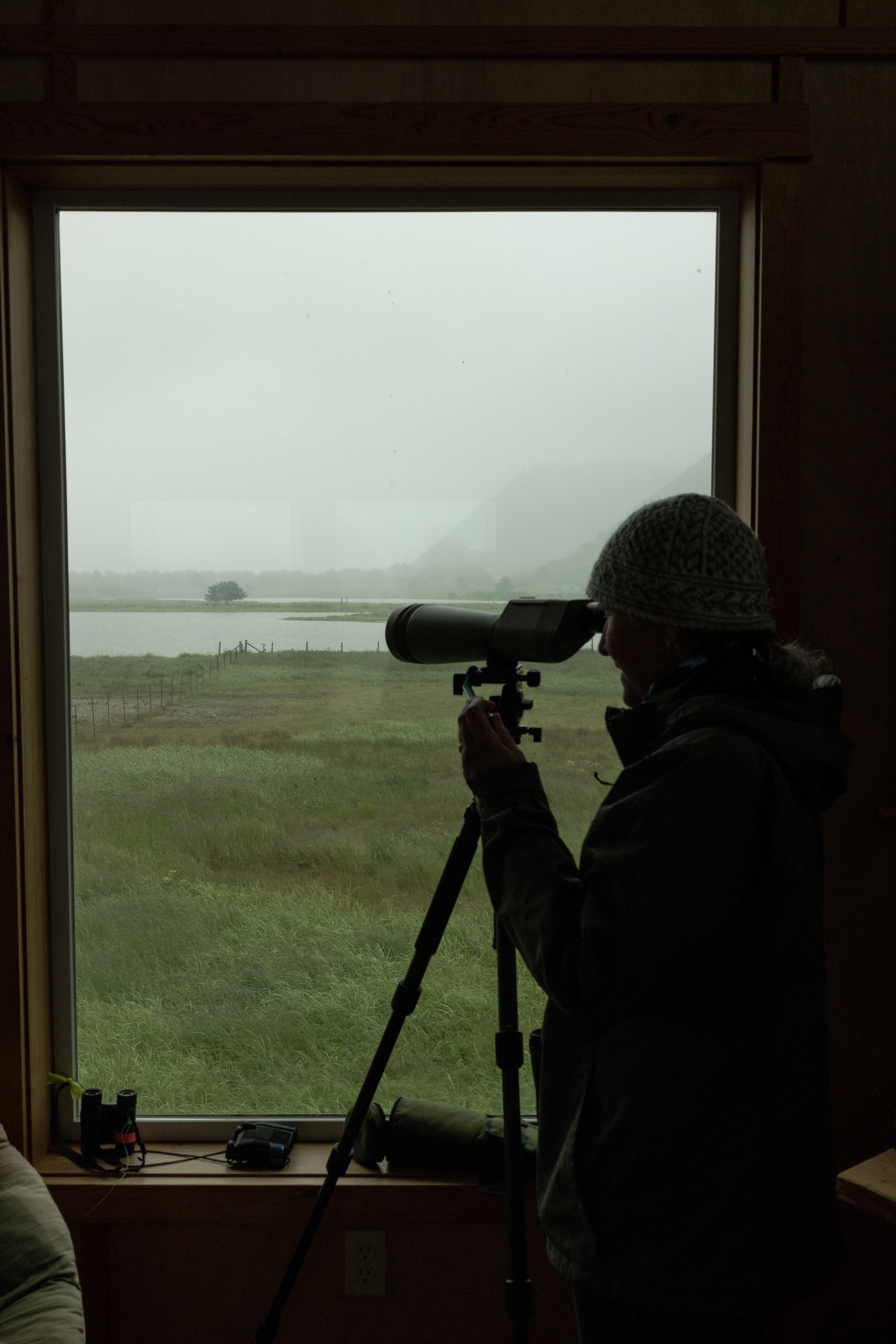 A woman looks out a telescope onto an Alaska seashore