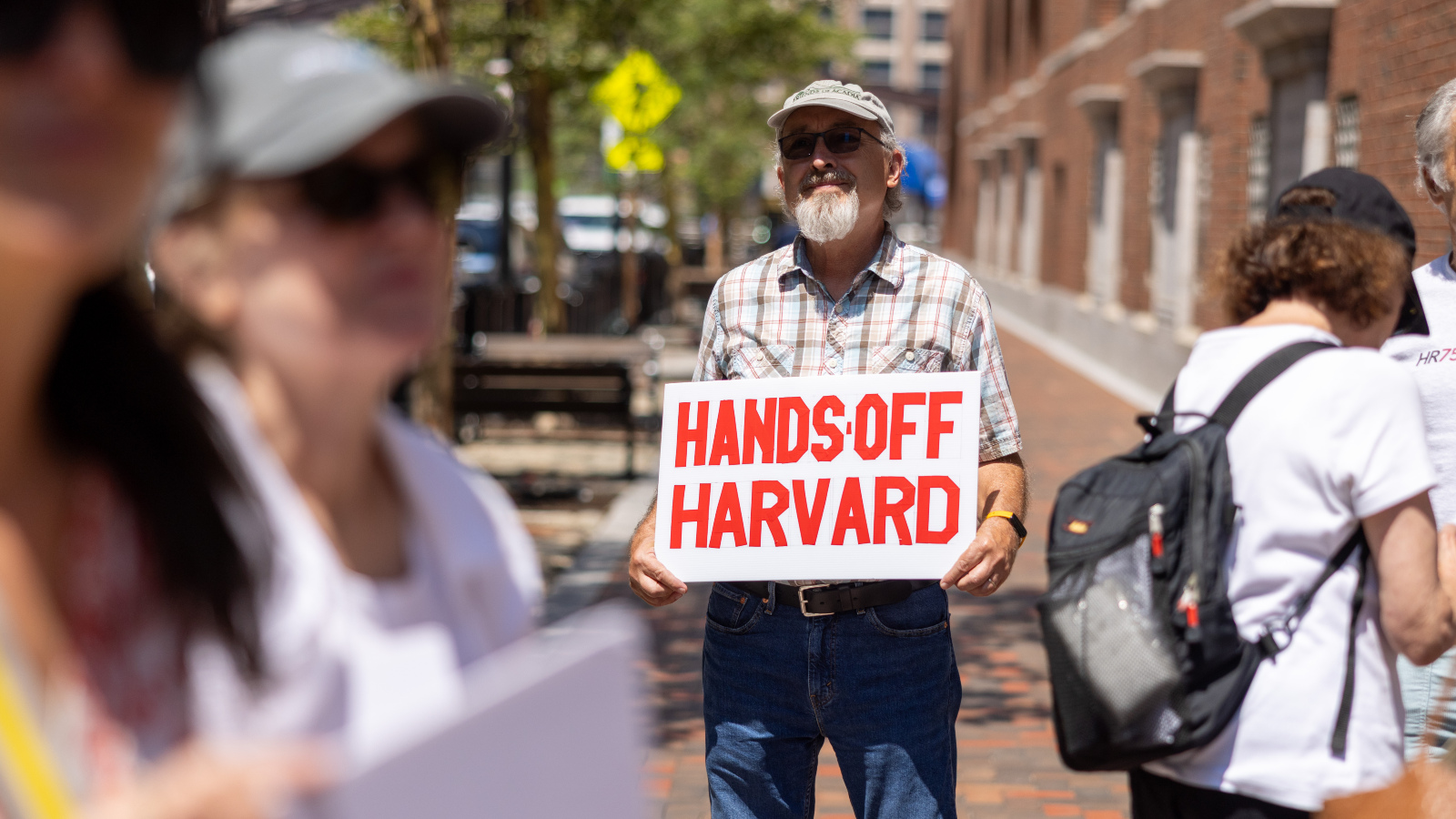 Photo of a man holding a sign that says hands off Harvard