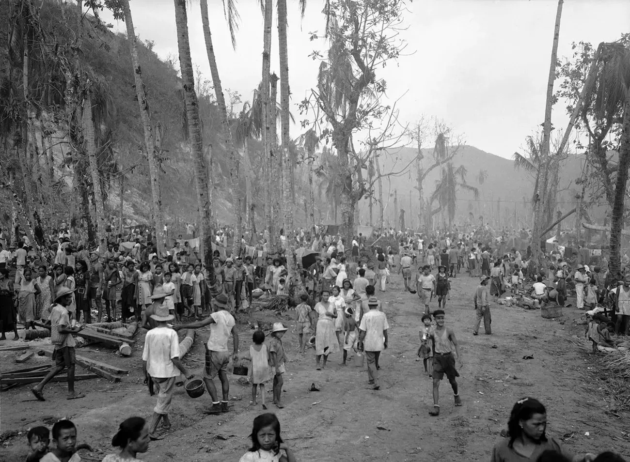 A black and white photo of a refugee camp in 1944 on Guam