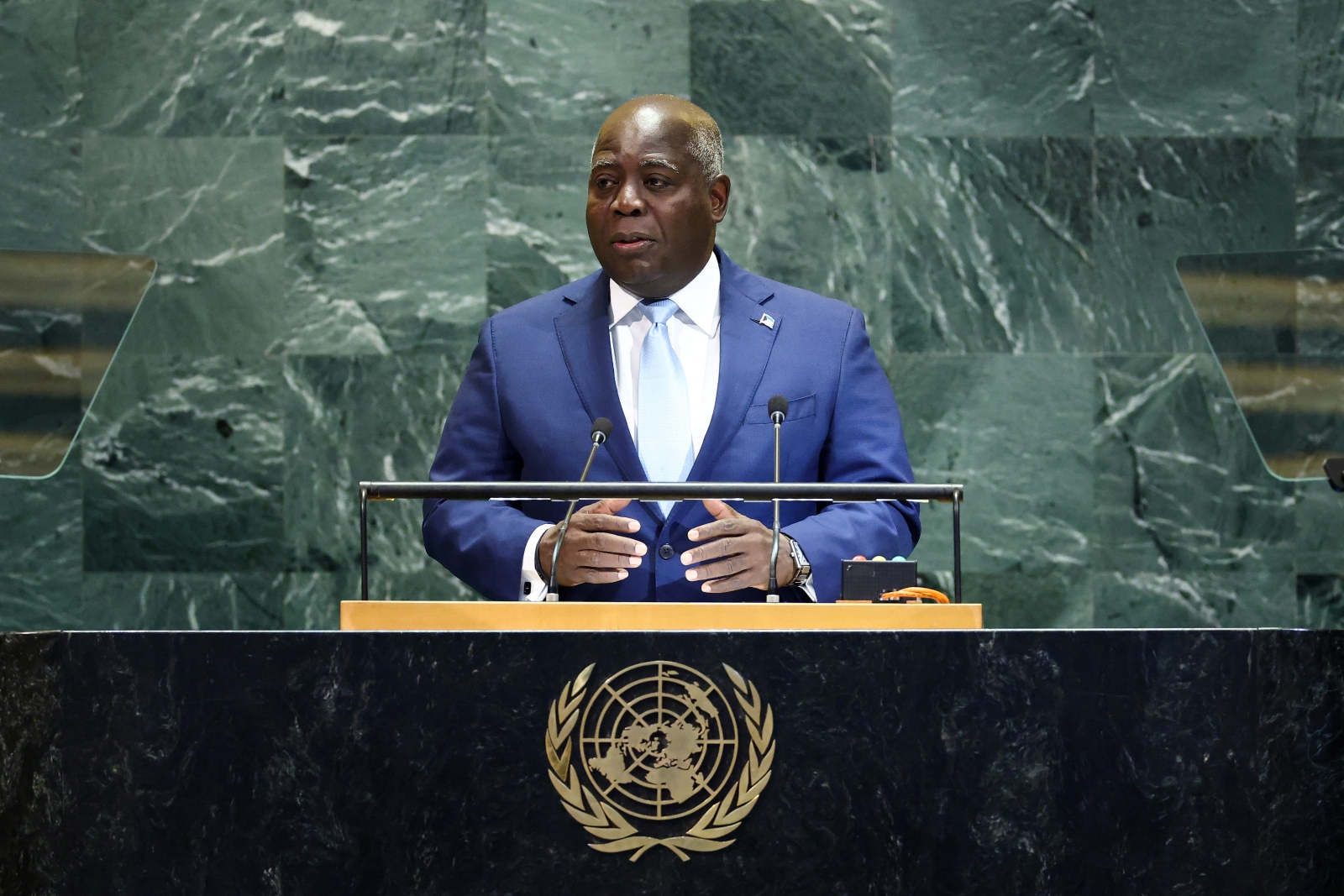 Prime Minister Philip Davis of the Bahamas addresses the United Nations General Assembly in September 2025. The Bahamas is seeking to protect its ocean territory from exploitation as its land disappears.
