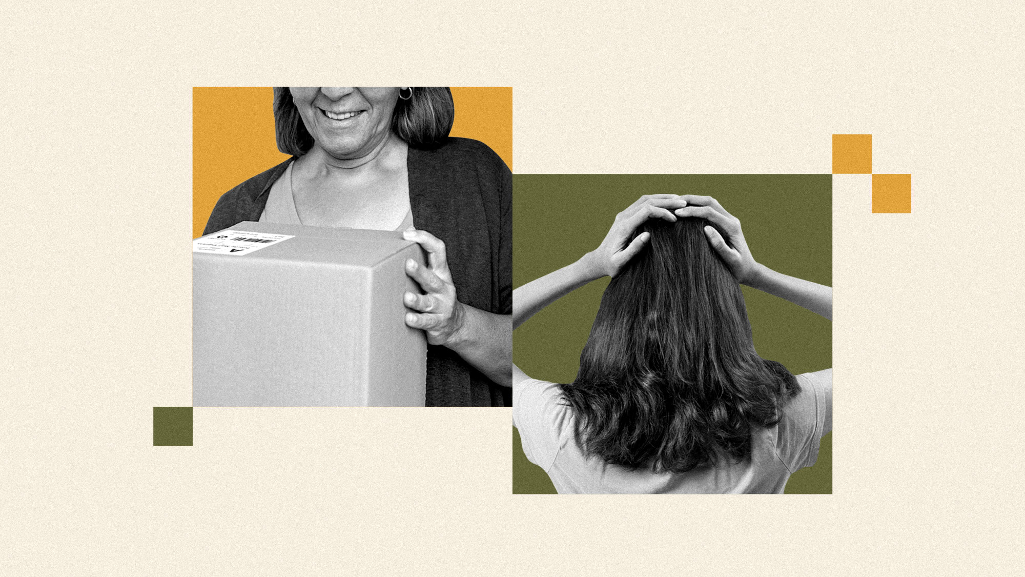Collage of older woman holding package and stressed younger woman with her hands on her head