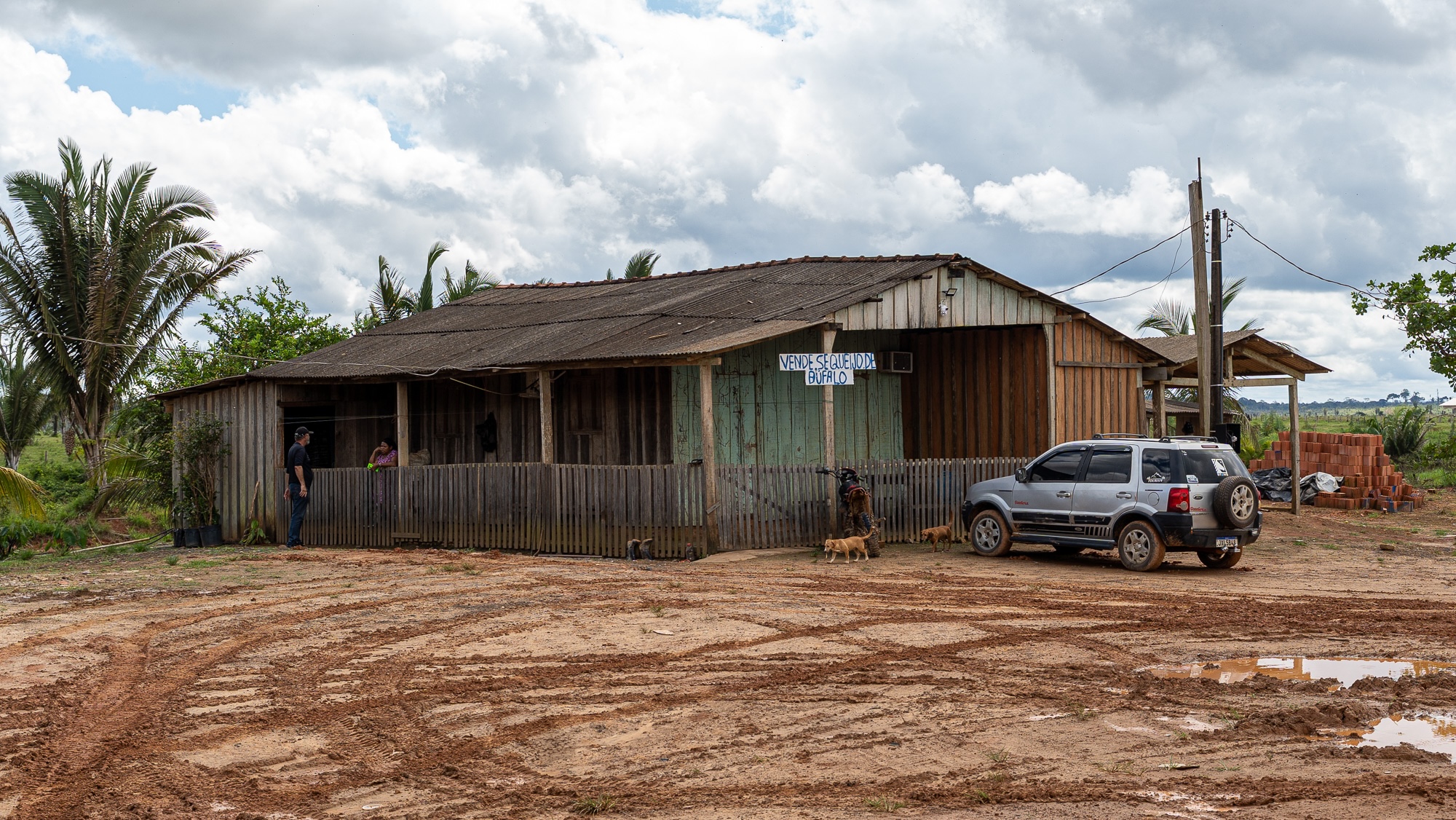 a house and car near an unpaved road in the amazon