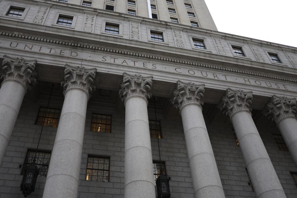 Close-up of the front facade of the federal courthouse in New York City