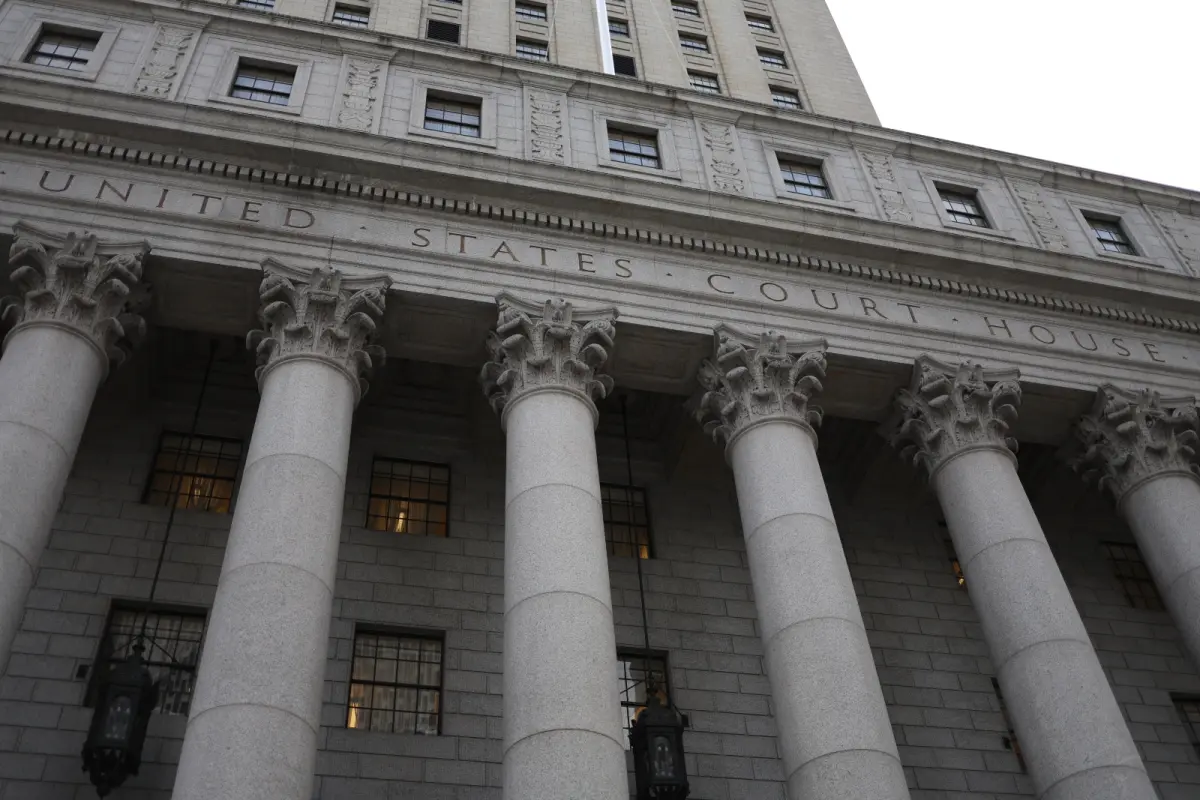 Close-up of the front facade of the federal courthouse in New York City