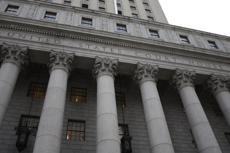 Close-up of the front facade of the federal courthouse in New York City