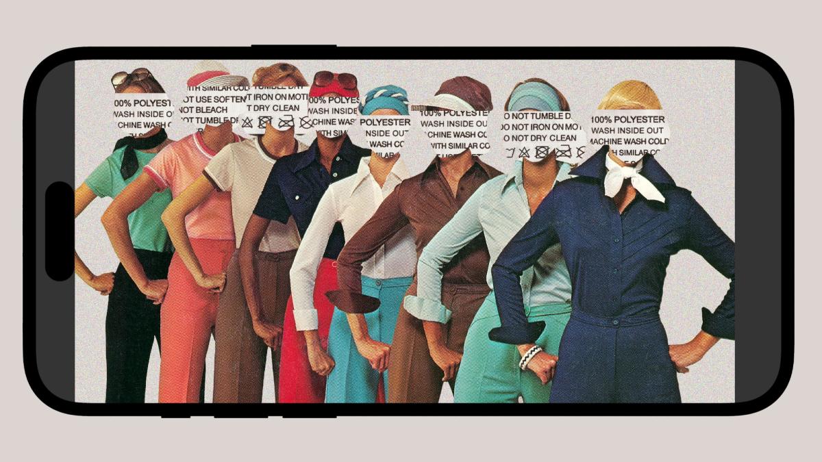 A vintage photograph of women from the 1970s wearing polyester outfits. Their faces are covered by cut outs of clothing wash instructions. The entire scene is inside of a phone outline