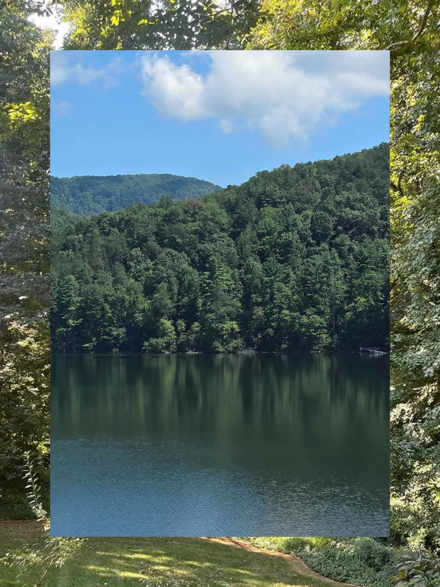 A collage consisting of two vertical photos, the outside functioning a border and the inside fully visible. The outside photo is a lawn with trees. The inner photo is a lake scene with dense trees and blue sky.