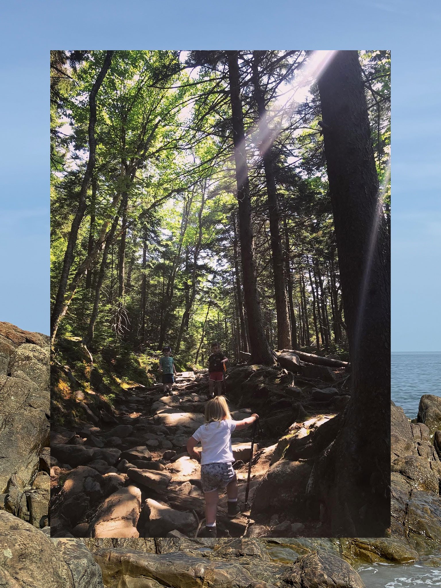 A collage consisting of two vertical photos, the outside functioning a border and the inside fully visible. The outside photo is a rocky beach. The inner photo is a child walking up a hiking path under tall trees and dappled sunlight.