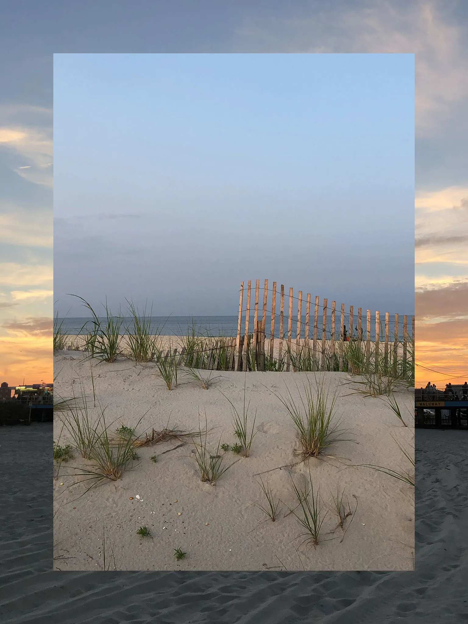 A collage consisting of two vertical photos, the outside functioning a border and the inside fully visible. The outside photo is a beach at sunset and the inner photo is a sandy beach and fence.