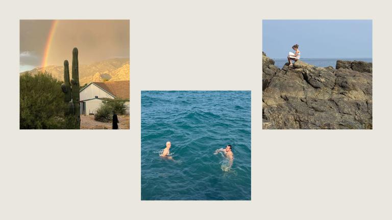 Grid of threes photos, including a rainbow behind a cactus after a storm, two people swimming in a blue lake, and a child sitting on a rocky coast.