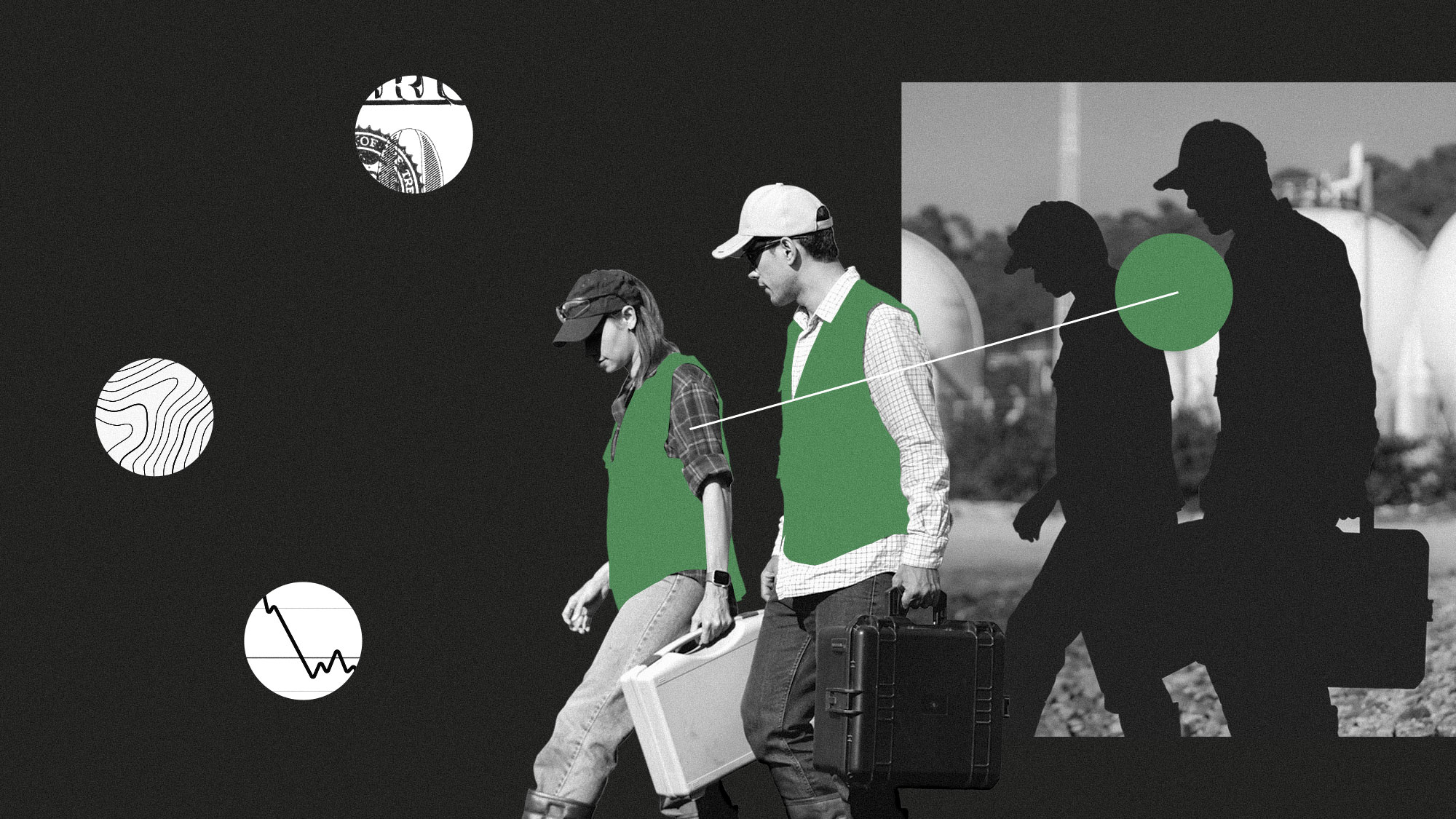 Collage of climate researchers cut out from a photo, surrounded by dollar bill, topography, and chart imagery