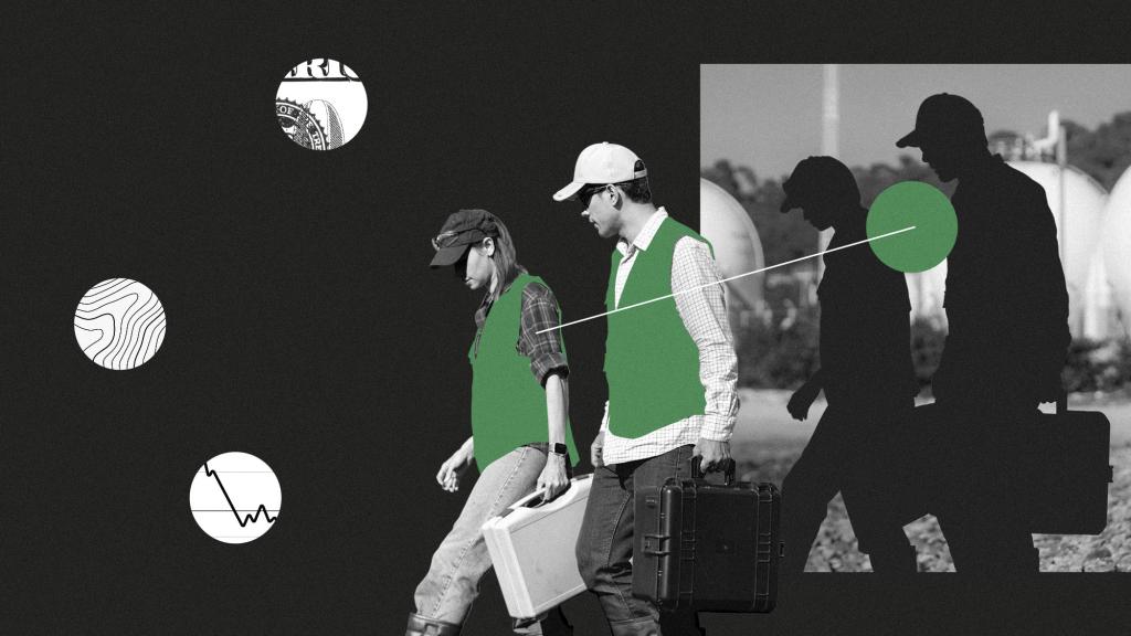 Collage of climate researchers cut out from a photo, surrounded by dollar bill, topography, and chart imagery
