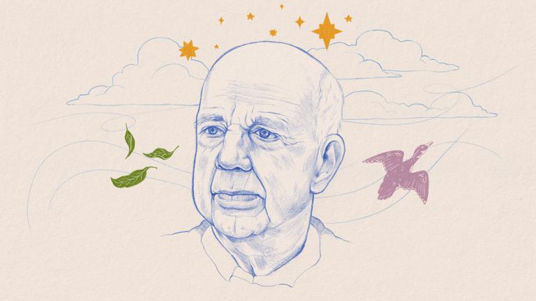colored pencil portrait of Wendell Berry with stars, clouds, leaves and a wood duck in flight
