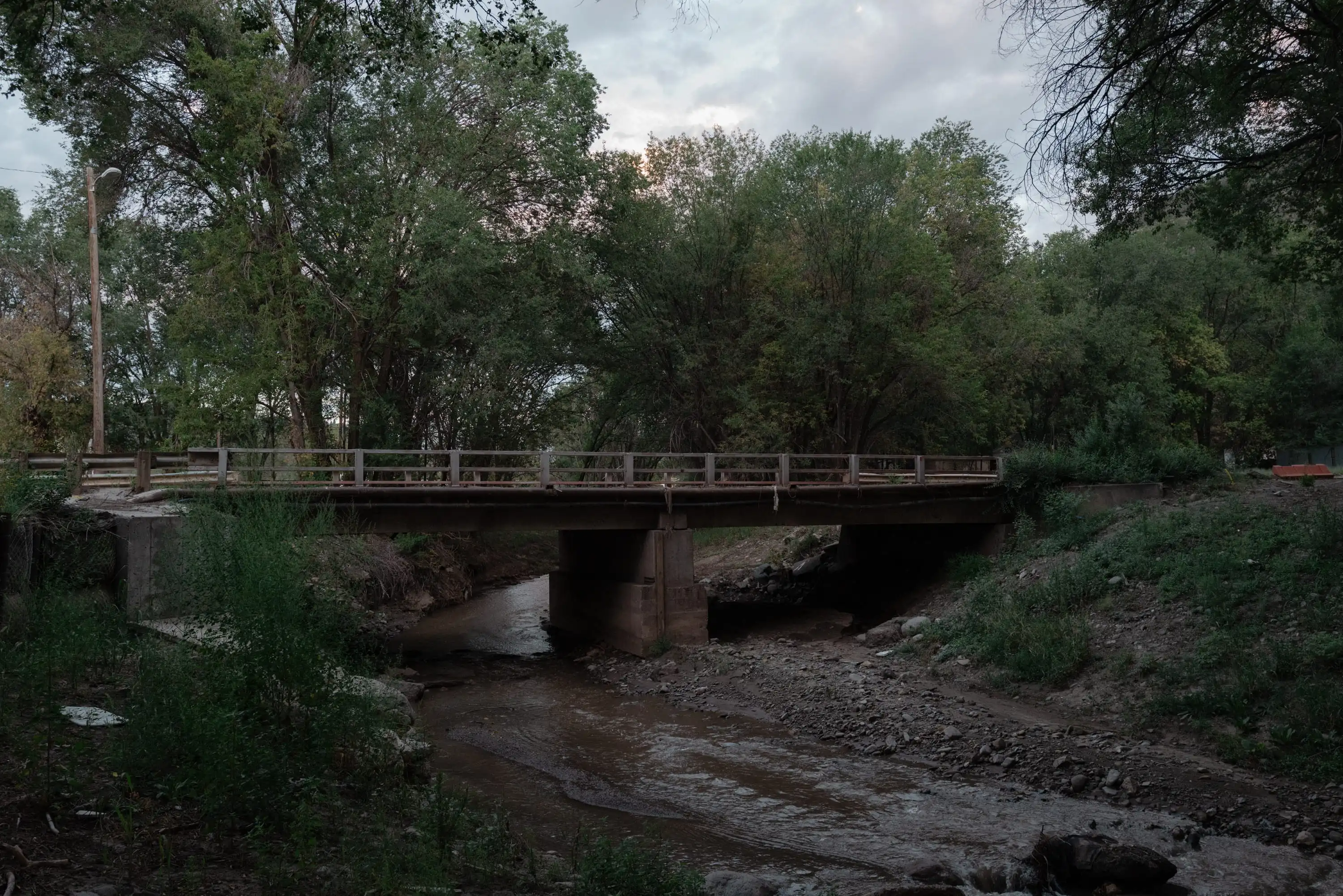 A narrow, concrete beam bridge spans a shallow, muddy stream flanked by dense green trees and dirt banks.