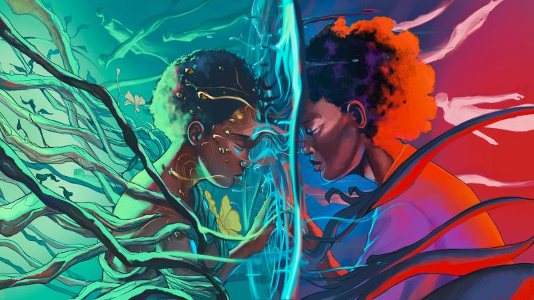 An illustration shows two Black women facing each other, eyes closed through a barrier of water. Silhouettes and vines swirl around them.