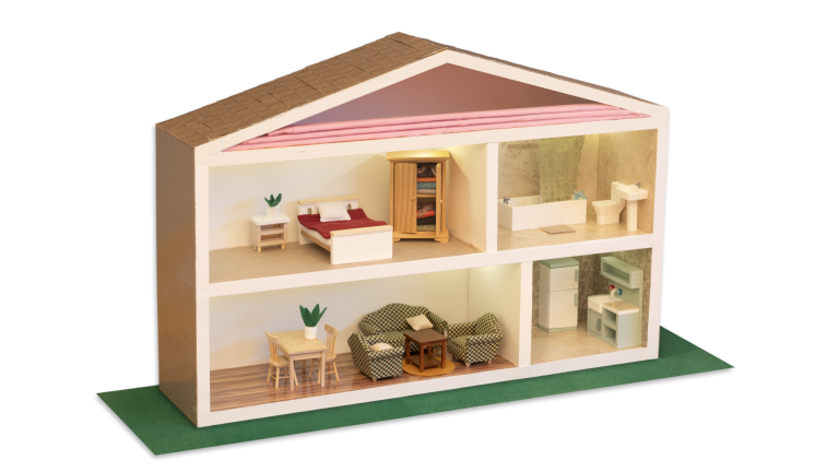 A miniature house made of wood with a cutaway to rooms like a dollhouse. The cutaway shows an attitc with insulation, a bedroom, a kitchen, a living room, and a bathroom. The house sits on a green screen replaced transparent background