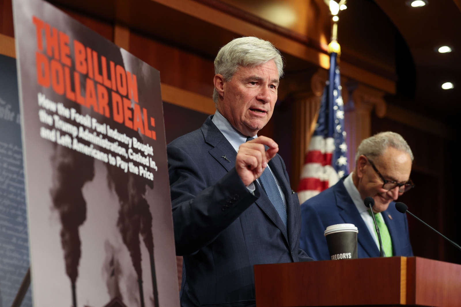 Senator Sheldon Whitehouse, Democrat of Rhode Island, gives a press conference about the Trump administration's connection to fossil fuels. Whitehouse is one of the lead negotiators behind a bipartisan energy permitting bill.
