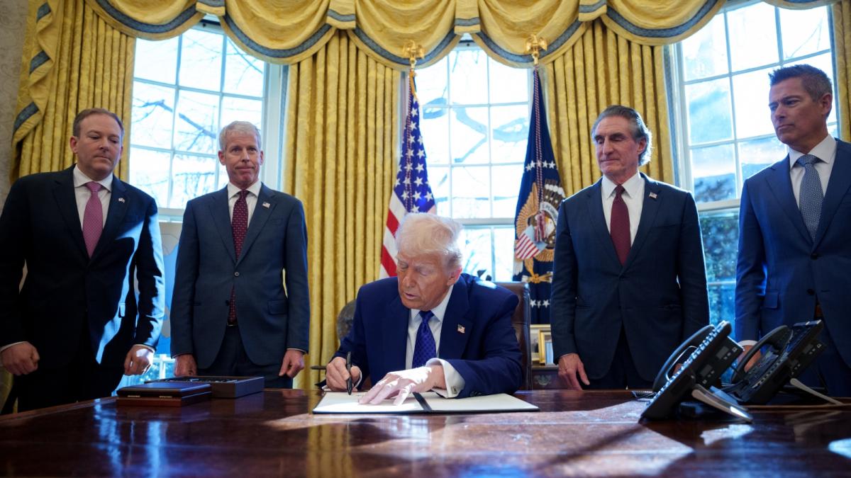 President Donald Trump holds a press conference in the Oval Office to establish the national Energy Dominance Council. Trump issued an emergency proclamation to enable more fossil fuel development.