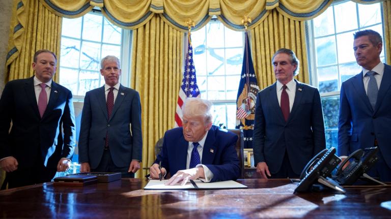 President Donald Trump holds a press conference in the Oval Office to establish the national Energy Dominance Council. Trump issued an emergency proclamation to enable more fossil fuel development.