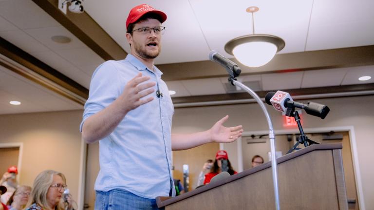 Will Lawrence speaks at the Mason city council data center town hall in September of 2026.