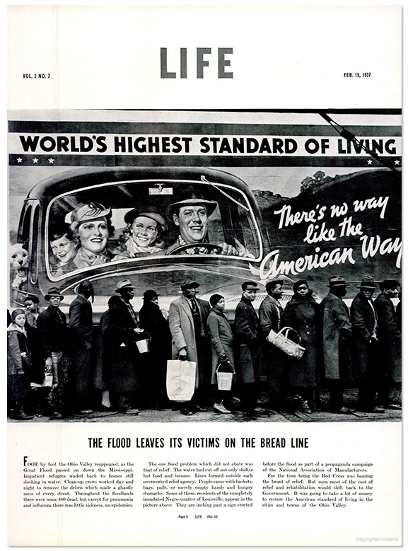 Page from Life magazine featuring photo of Black refugees standing in front of a billboard advertising car ownership