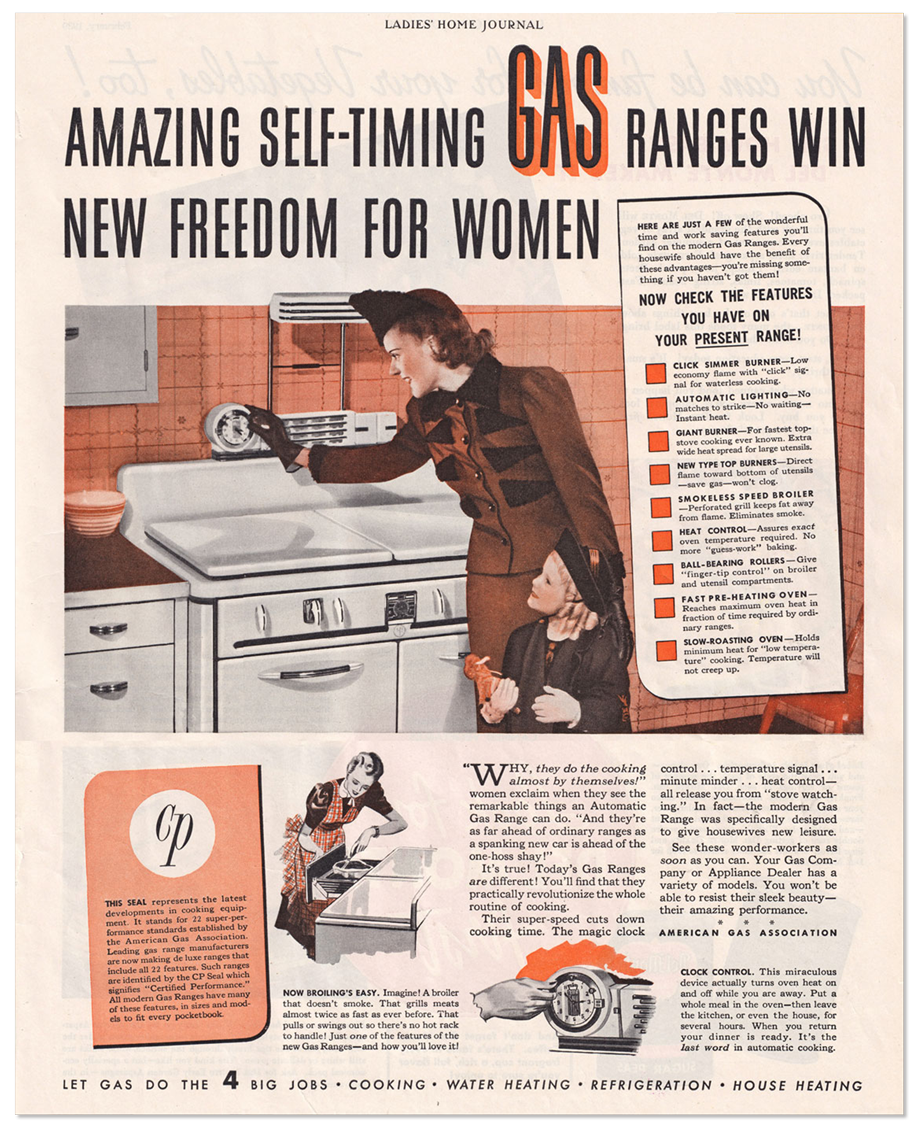 Ad showing a woman checking the timer on her gas range