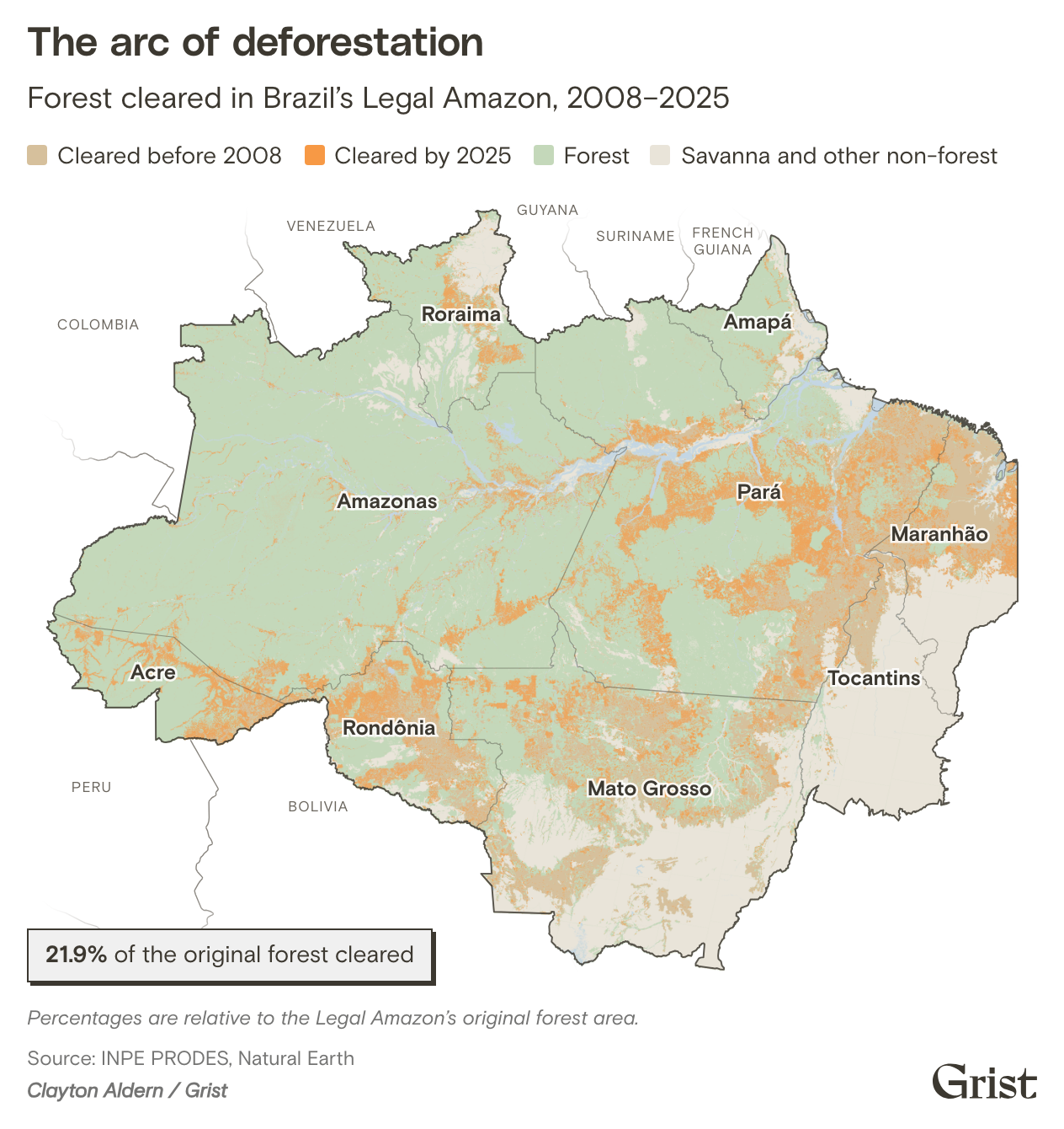 Map of Brazil’s Legal Amazon showing forest cleared before 2008 and from 2008 to 2025, most of it along the southern and eastern edges of the forest. By 2025, 21.9% of the original forest had been cleared.