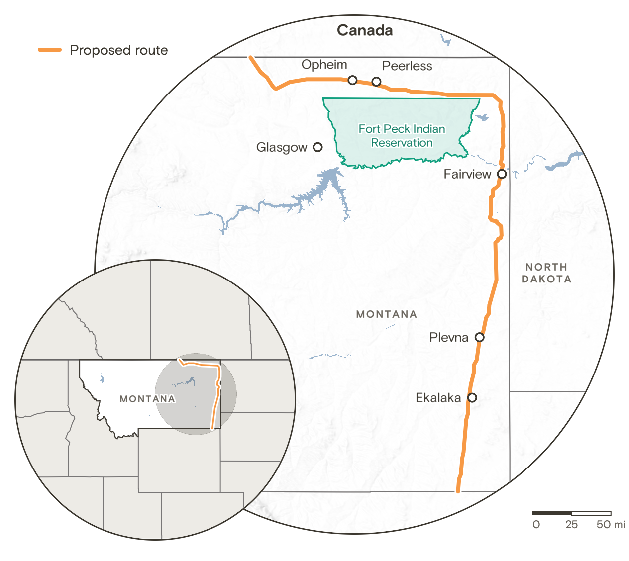 Map of the proposed Bridger pipeline route through eastern Montana, from the Canadian border south to the Wyoming line, with the Fort Peck Indian Reservation and the communities in this story marked.