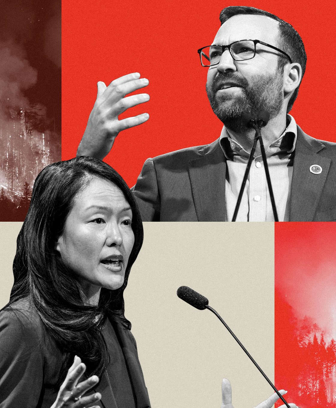 Collage Jane Kim, Ben Allen, and wildfire imagery