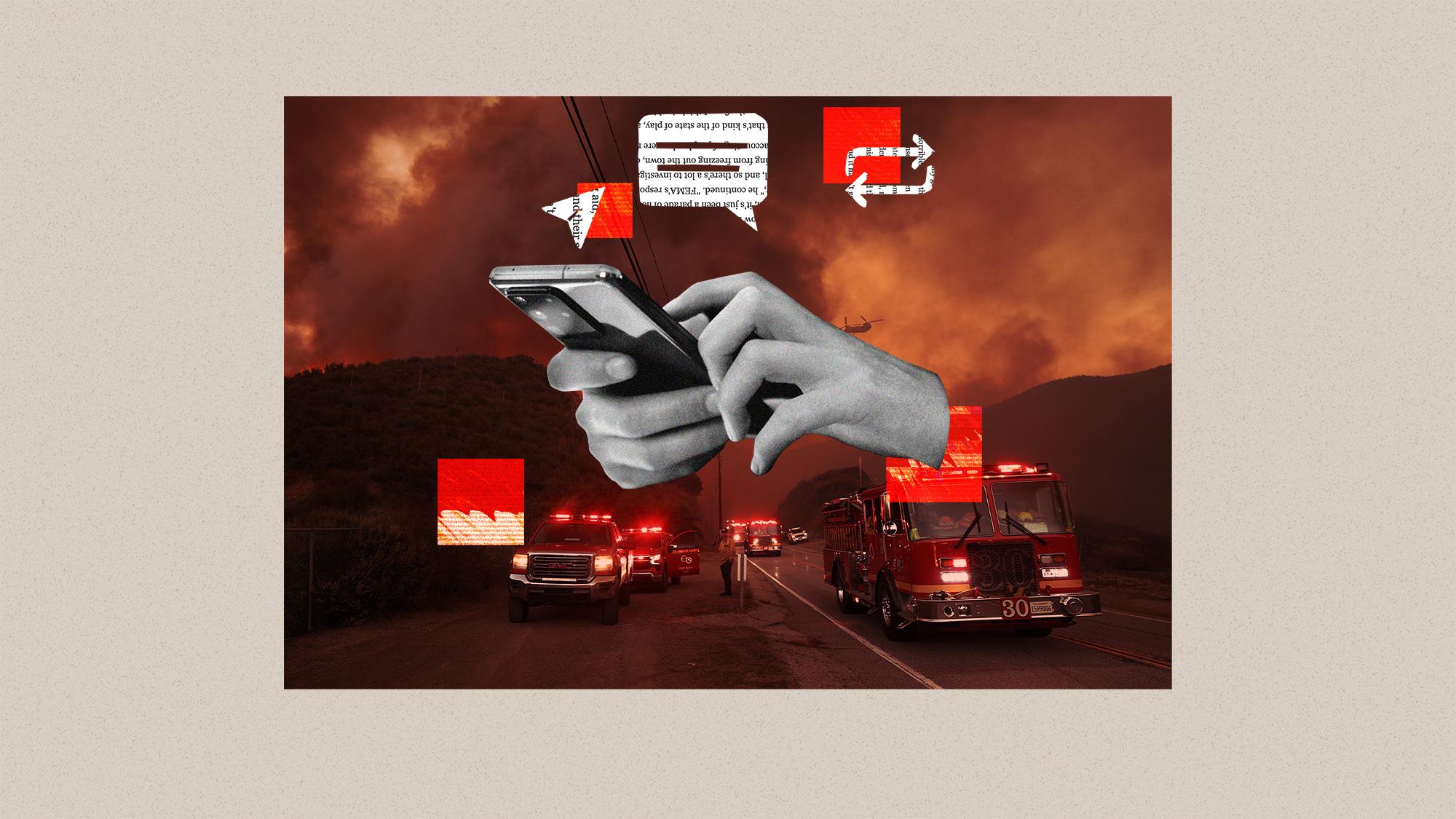 A collage of disaster photos, glitch texture, and social media alerts