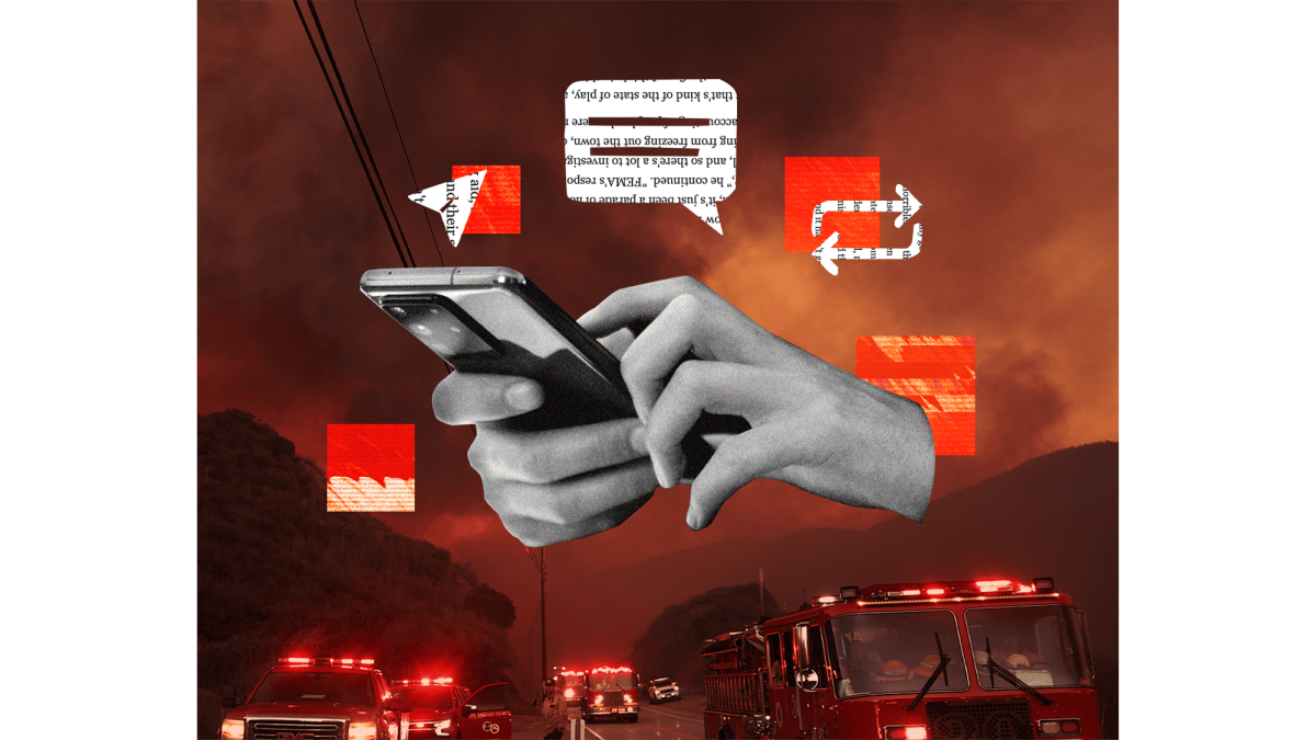 A collage of hands holding a smartphone and text messages and social share buttons in front of a photo of a wildfire