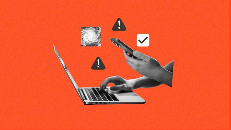digital collage of hands holding a smartphone while also using a laptop, with emergency alert symbols, a hurricane cyclone, and a check mark floating above