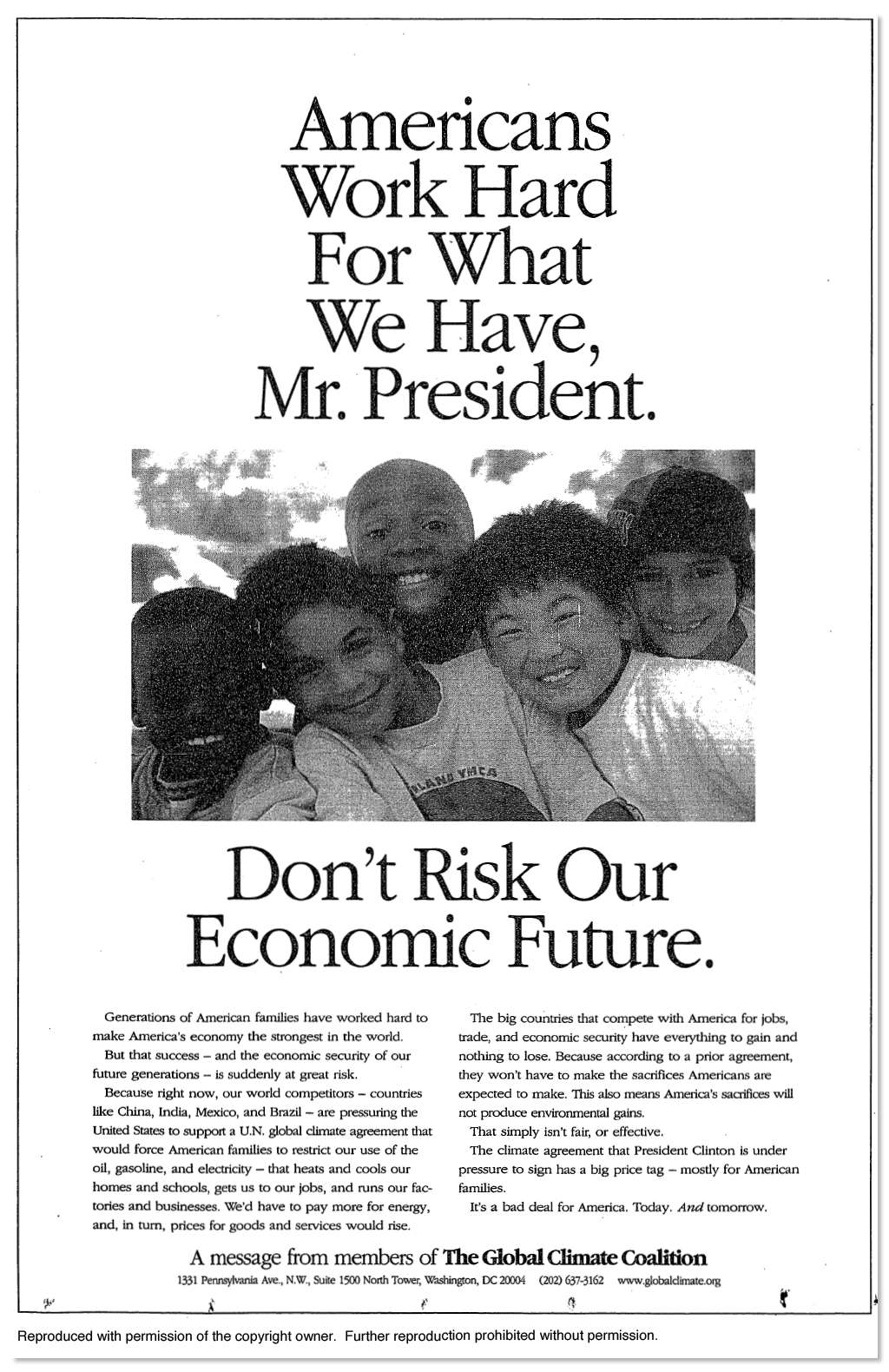 Ad featuring a photo of smiling children between text reading, Americans work hard for what we have, Mr. President. Don't risk our economic future.