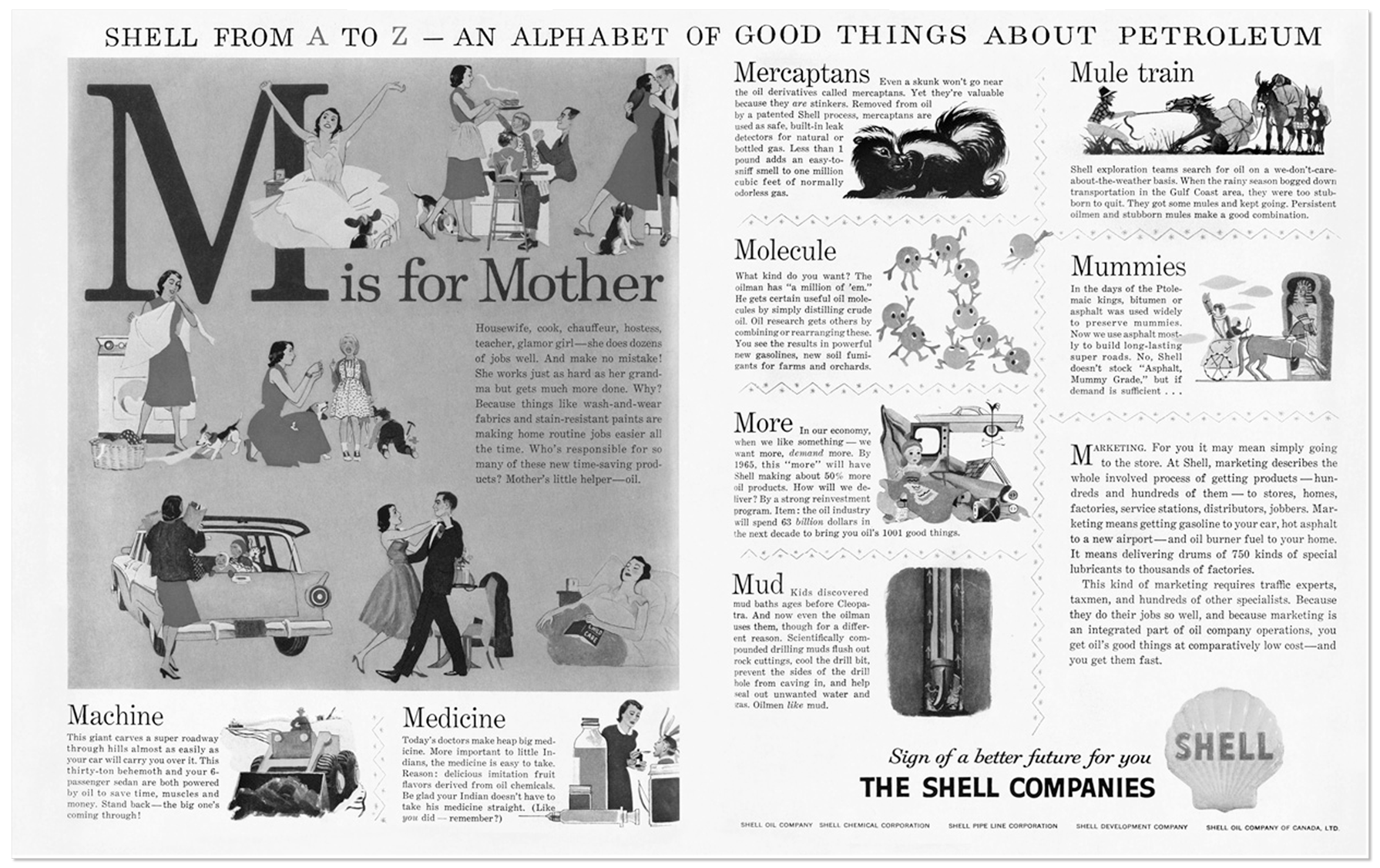 Ad featuring illustrations of a mother doing various tasks alongside oil facts and benefits