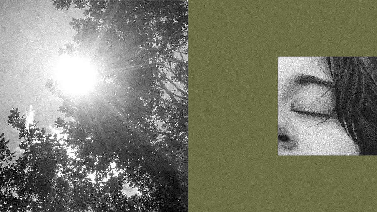 Collage of sun shining through trees and person with their eyes closed